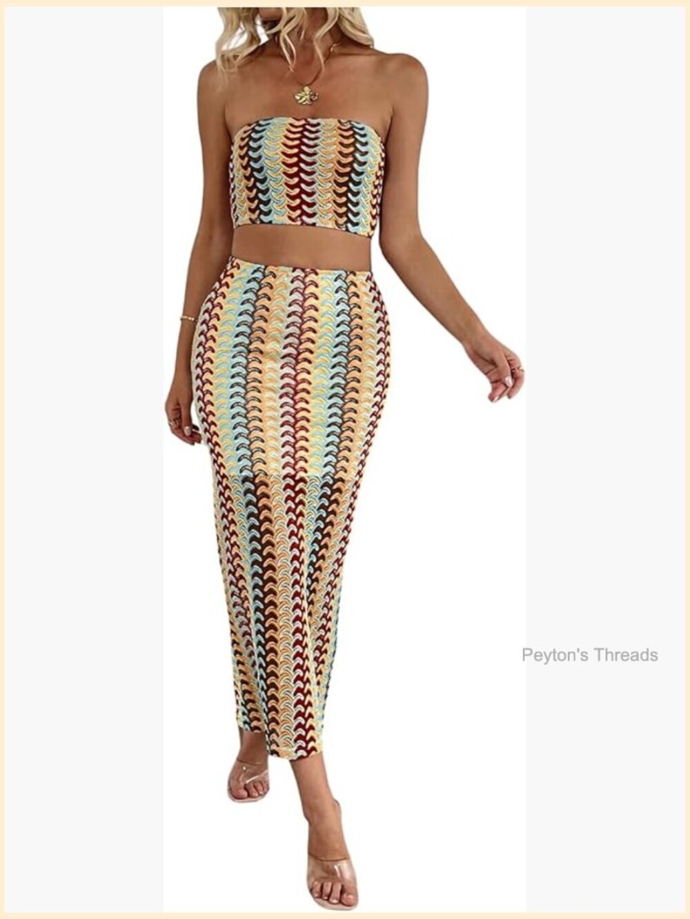 Boho Embroidered Bandeau Tube Top Bodycon Midi Skirt Set Summer Dressy Outfit